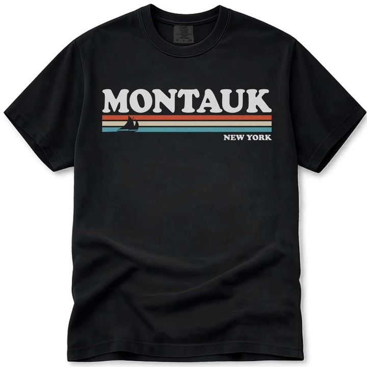 Montauk T Shirt 80s Retro Stripes - Black