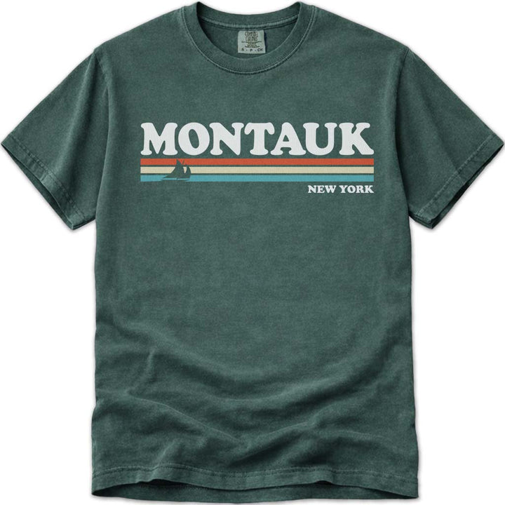 Montauk T Shirt 80s Retro Stripes - Blue Spruce
