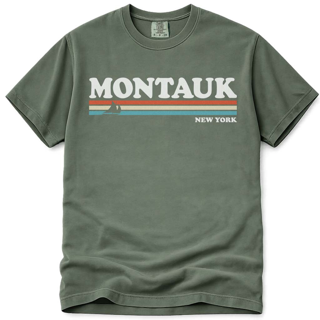 Montauk T Shirt 80s Retro Stripes - Moss