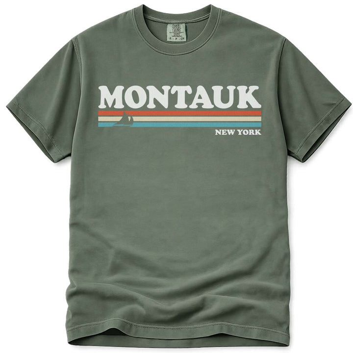 Montauk T Shirt 80s Retro Stripes - Moss