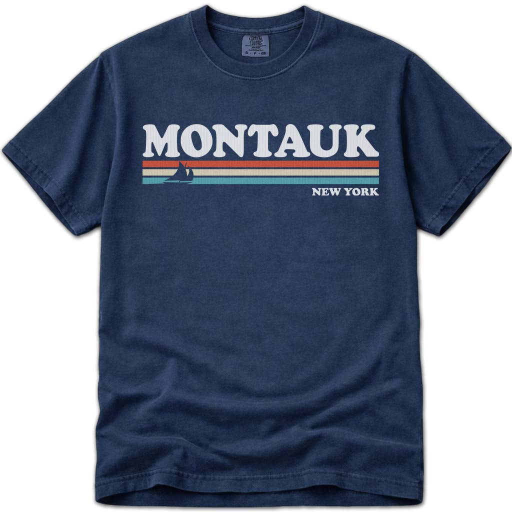 Montauk T Shirt 80s Retro Stripes - Navy
