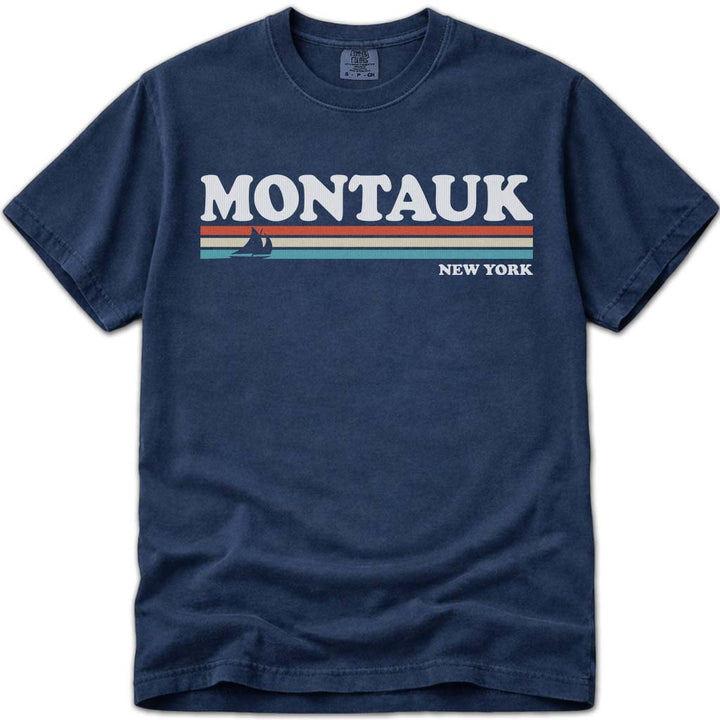 Montauk T Shirt 80s Retro Stripes - Navy