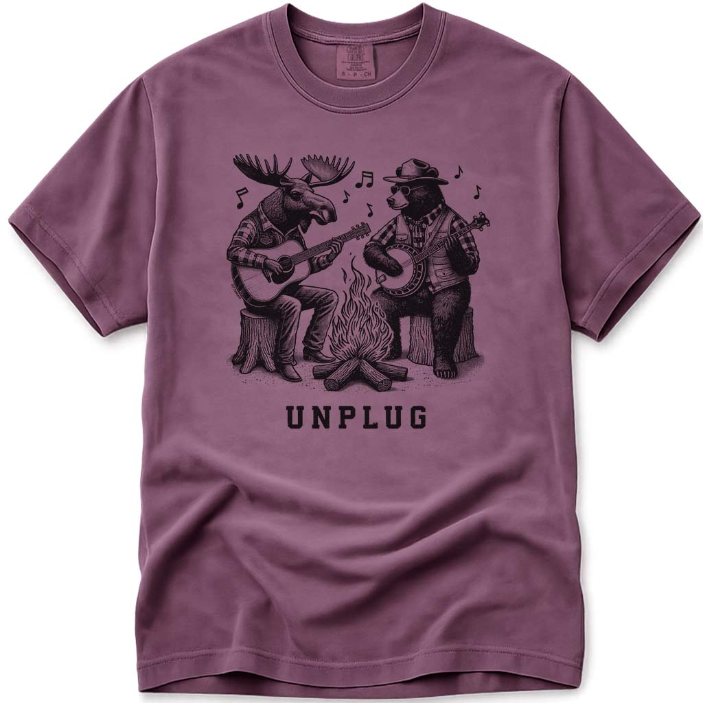 Moose and Bear Campfire Guitar and Banjo Jam T Shirt - Berry