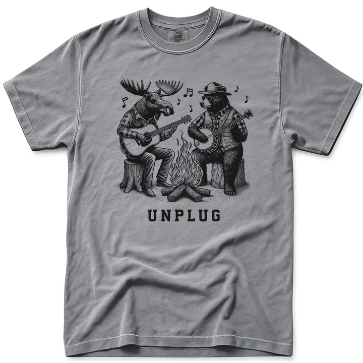 Moose and Bear Campfire Guitar and Banjo Jam T Shirt - Grey
