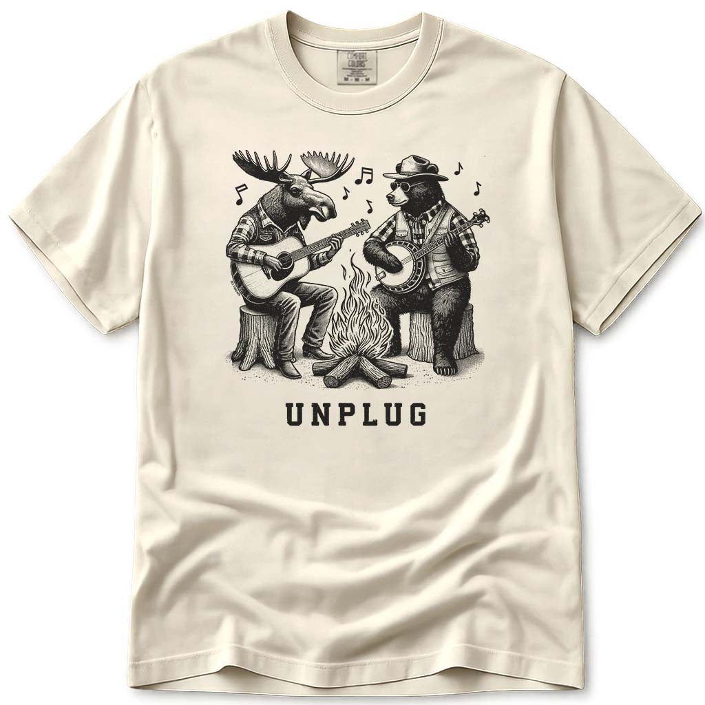 Moose and Bear Campfire Guitar and Banjo Jam T Shirt - Ivory
