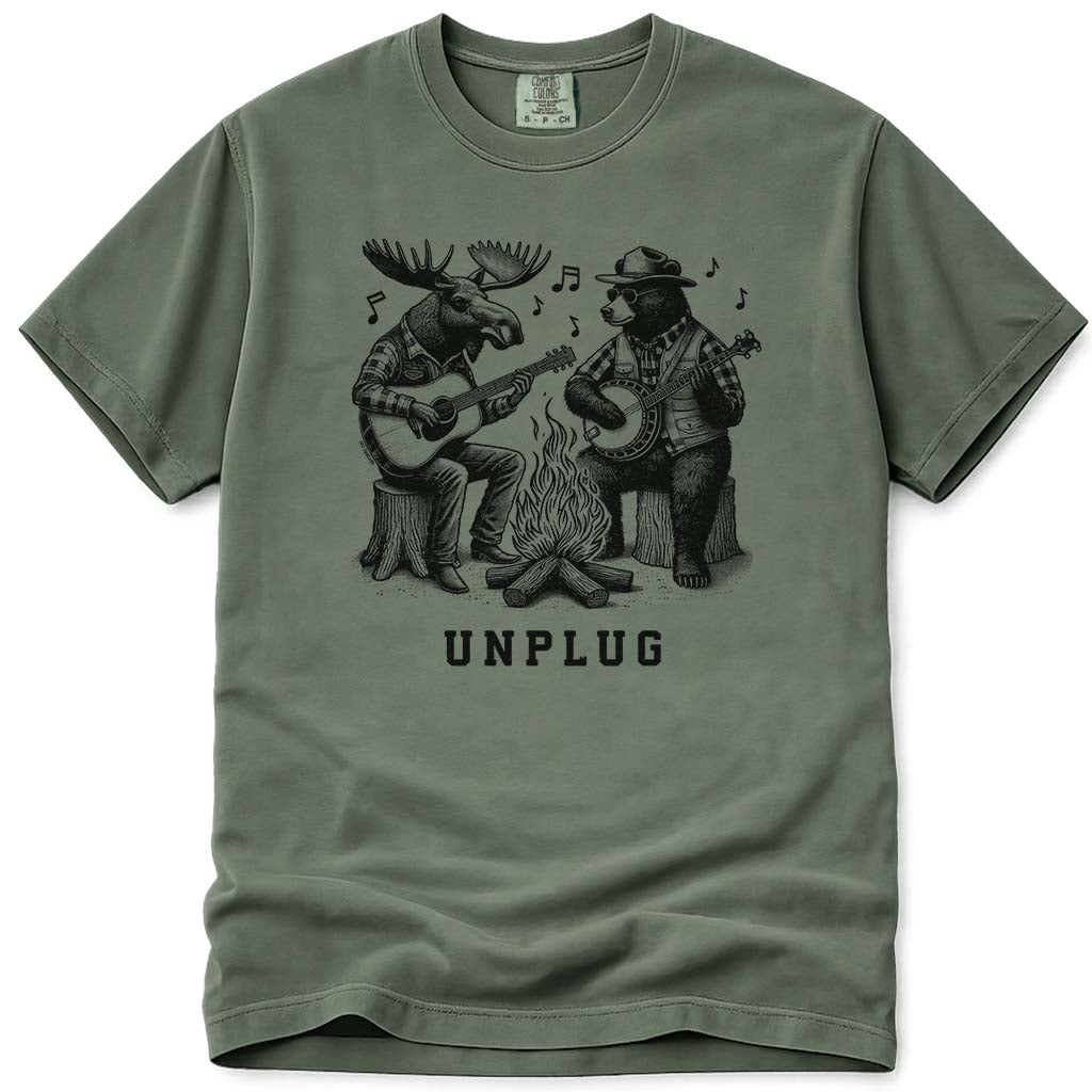Moose and Bear Campfire Guitar and Banjo Jam T Shirt - Moss