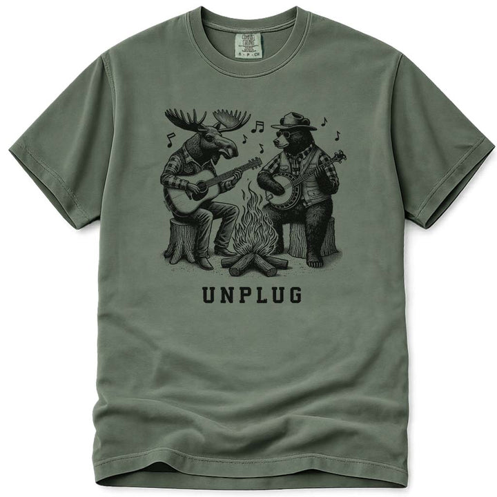 Moose and Bear Campfire Guitar and Banjo Jam T Shirt - Moss