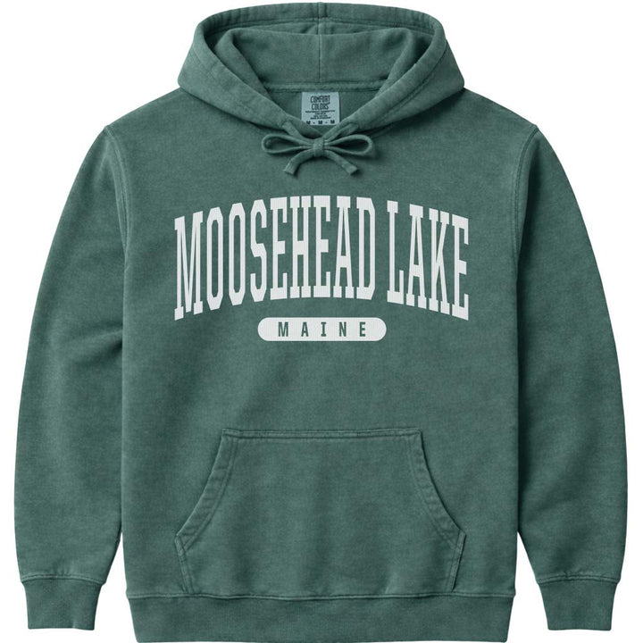Moosehead Lake Maine Arched Letter Hoodie - Blue Spruce