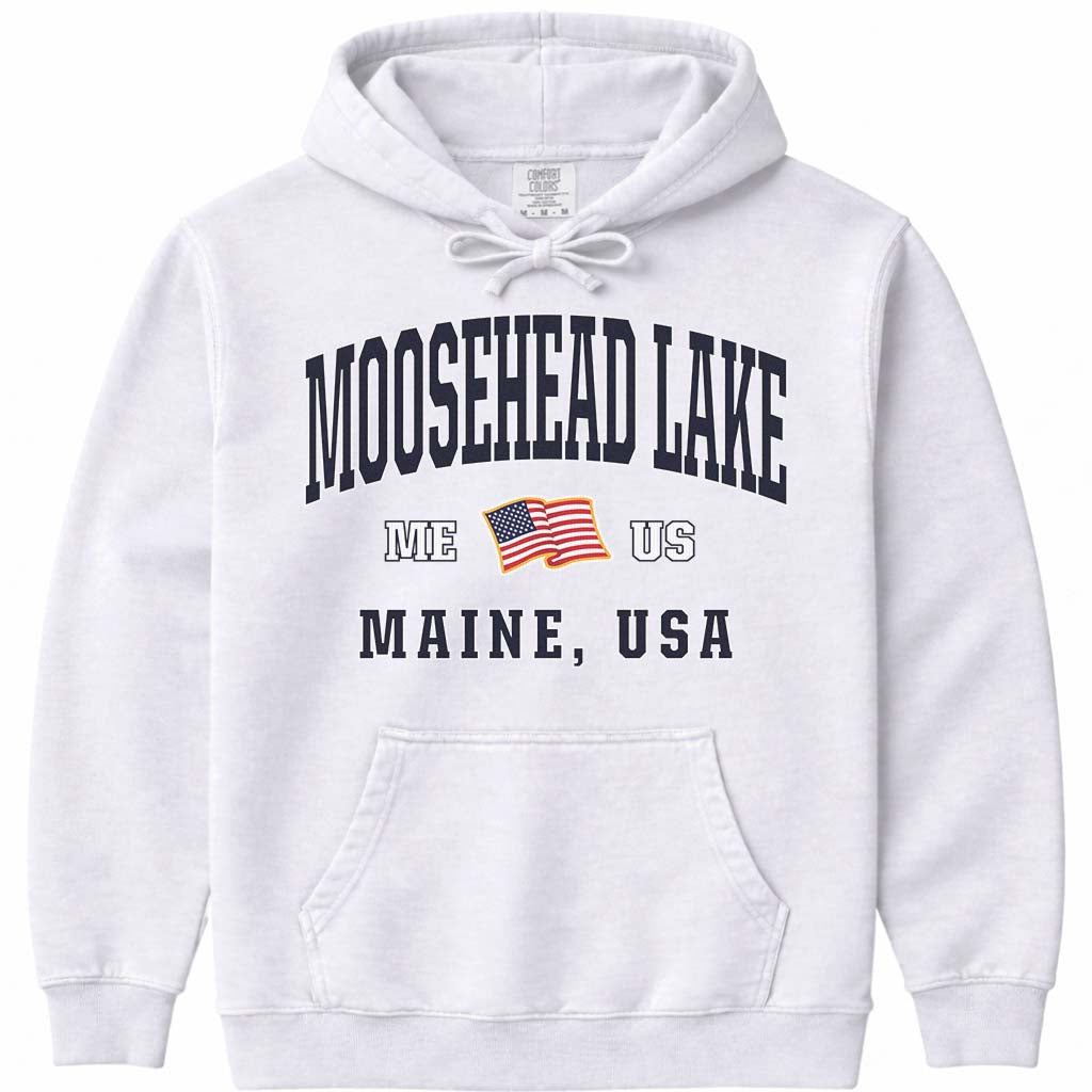 Moosehead Lake USA Flag Hooded Sweatshirt - White