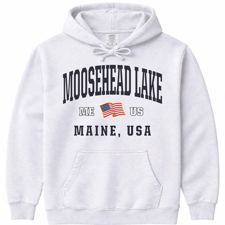Moosehead Lake USA Flag Hooded Sweatshirt - White