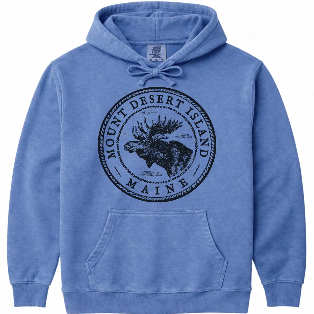 Mount Desert Island Moose Sweatshirt | Vintage Maine Moose Art Hoodie - Flo Blue