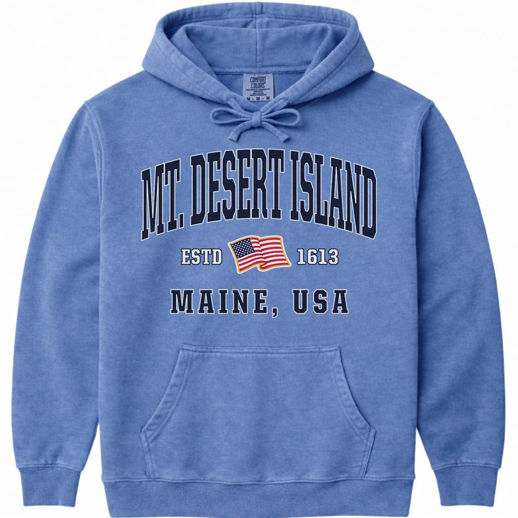 Mount Desert Island USA Flag Hoodie - Flo Blue