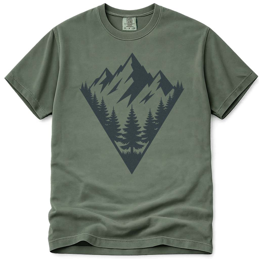 Mountain Forest Scene Camping Hiking Nature Outdoor T-Shirt - Moss