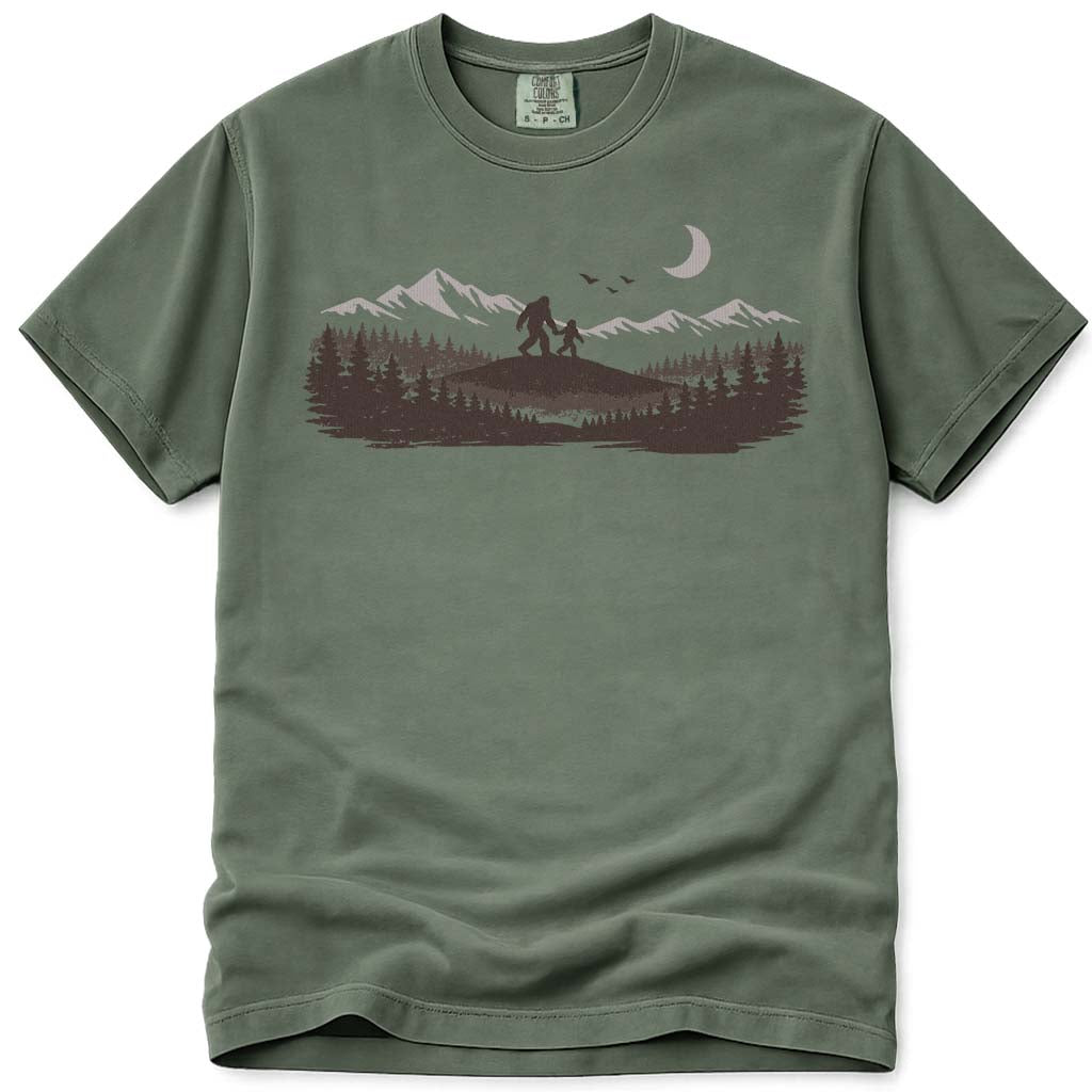 Mountain Forest Bigfoot Dad T-Shirt - Moss