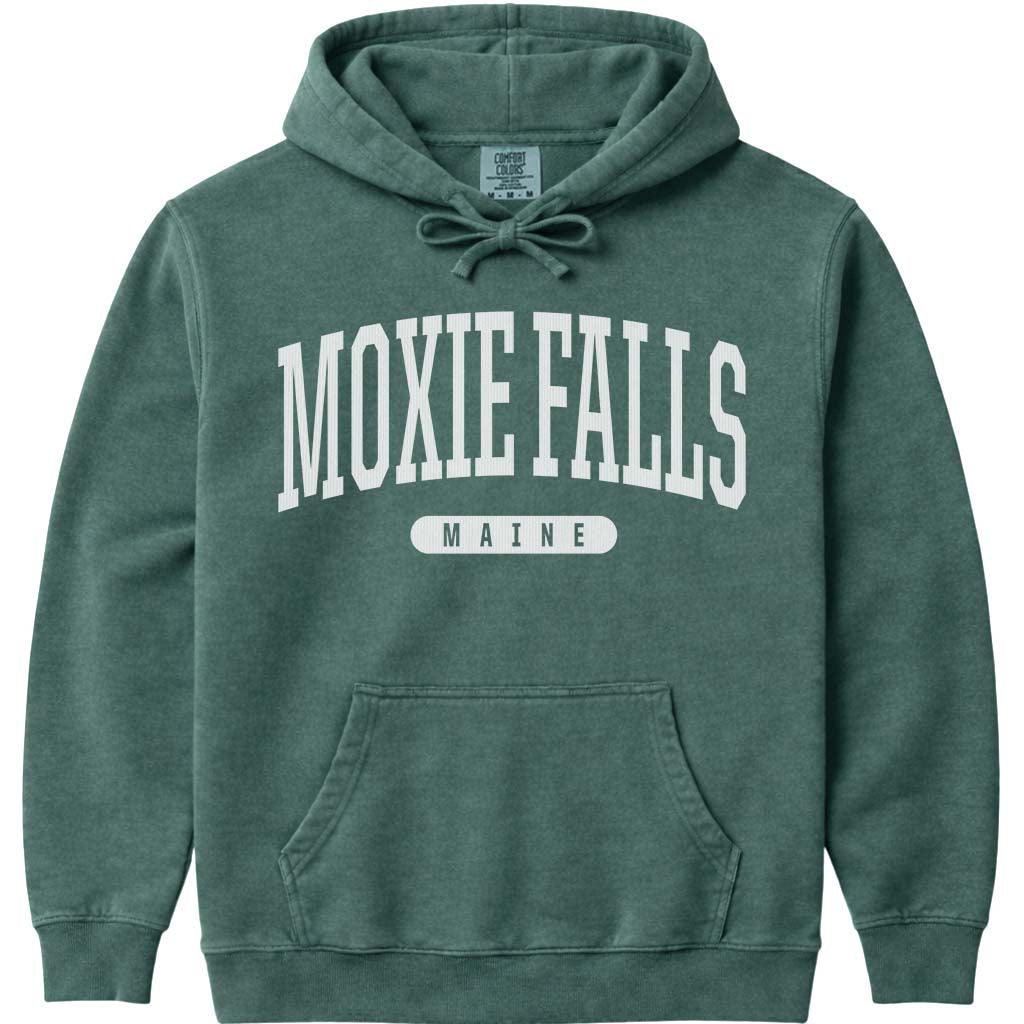 Moxie Falls Maine Block Letter Hoodie - Blue Spruce