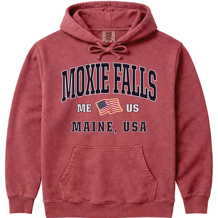 Moxie Falls Maine USA Flag Hoodie Sweatshirt - Crimson