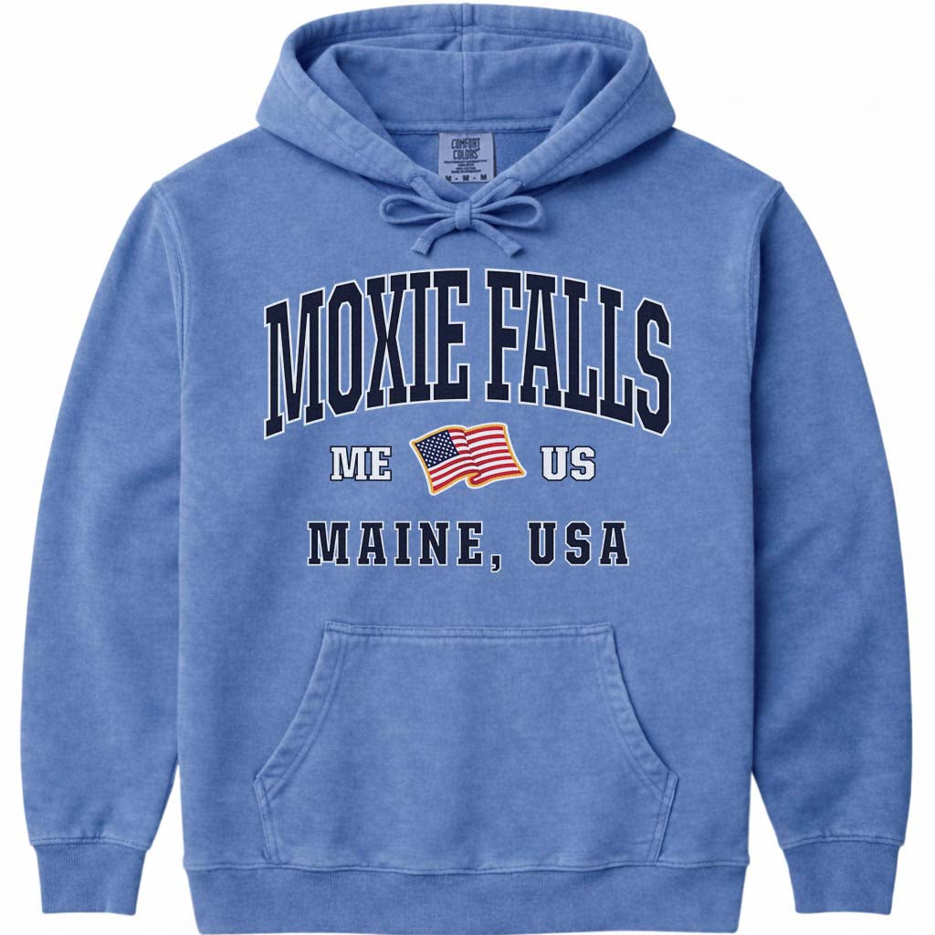 Moxie Falls Maine USA Flag Hoodie Sweatshirt - Flo Blue