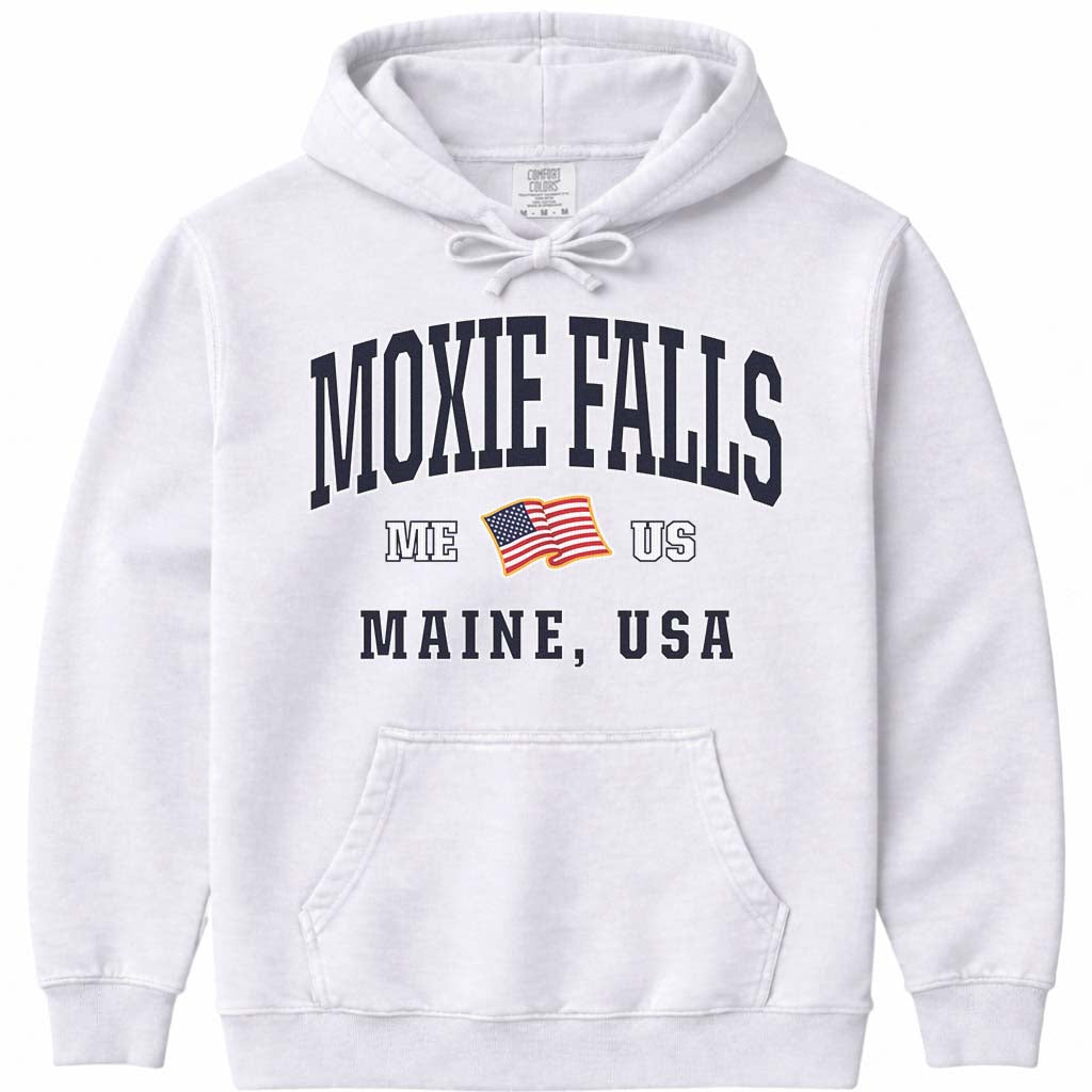 Moxie Falls Maine USA Flag Hoodie Sweatshirt - White