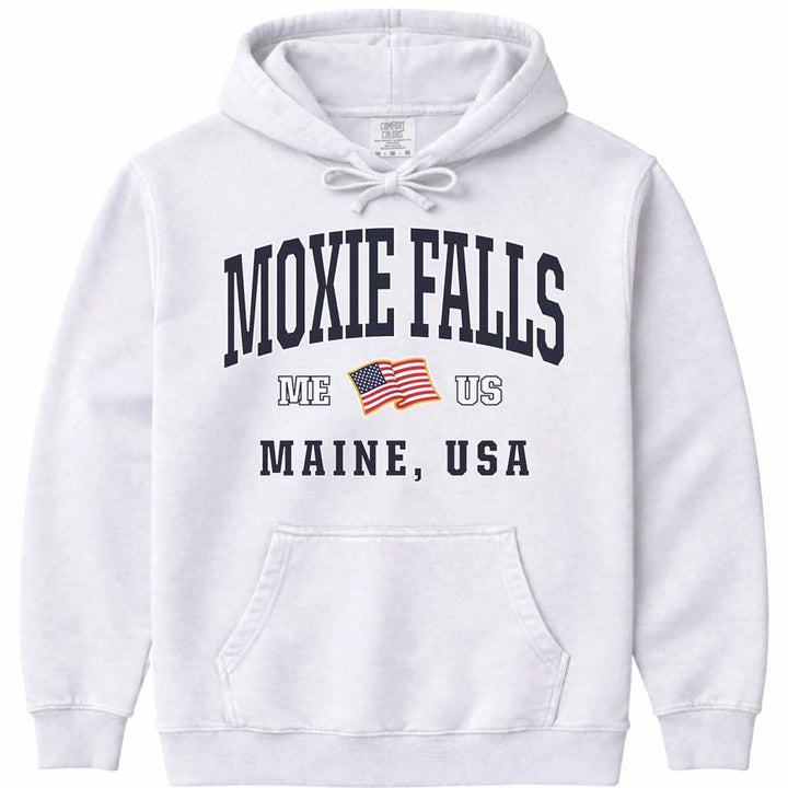 Moxie Falls Maine USA Flag Hoodie Sweatshirt - White