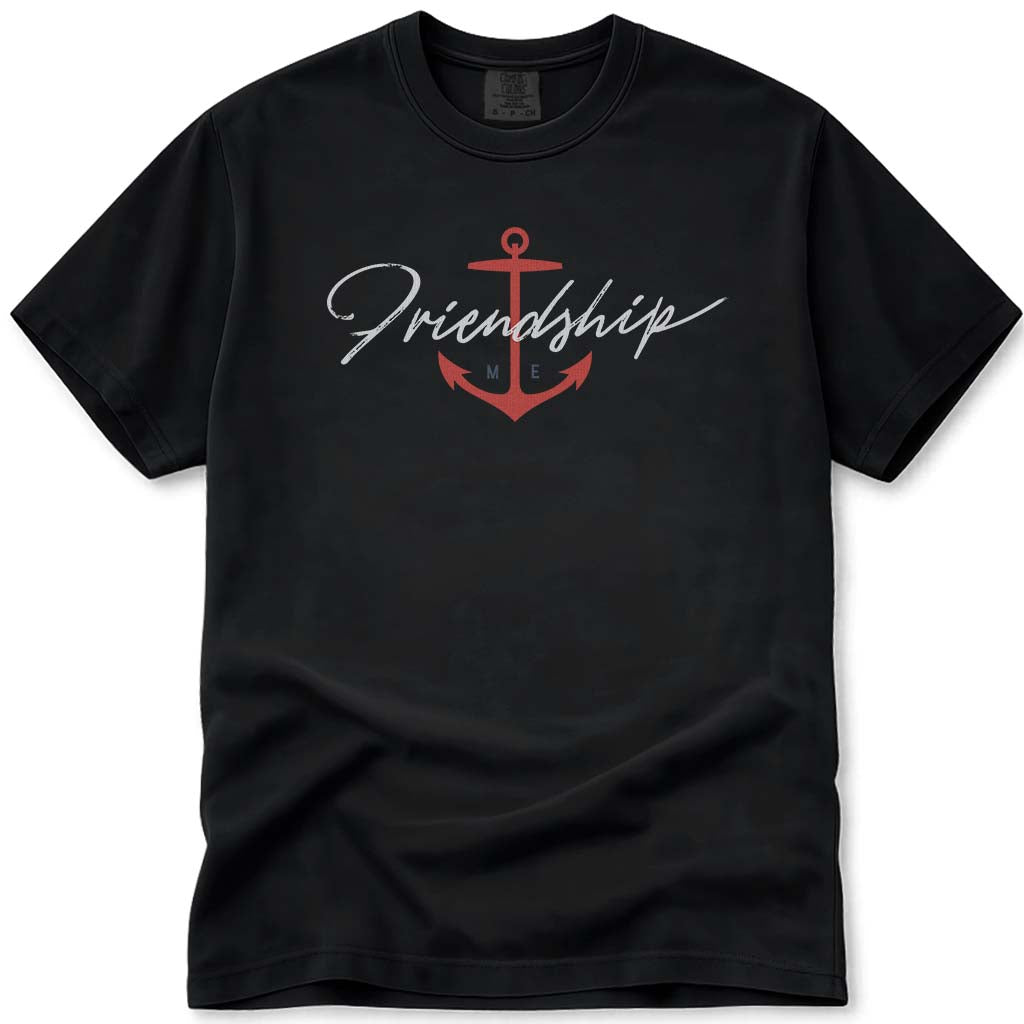 Nautical Friendship Maine Anchor Brush Script T Shirt - Black