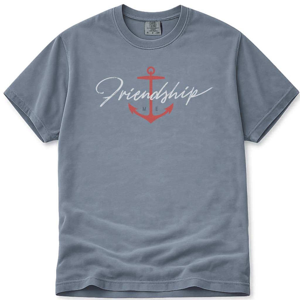 Nautical Friendship Maine Anchor Brush Script T Shirt - Blue Jean