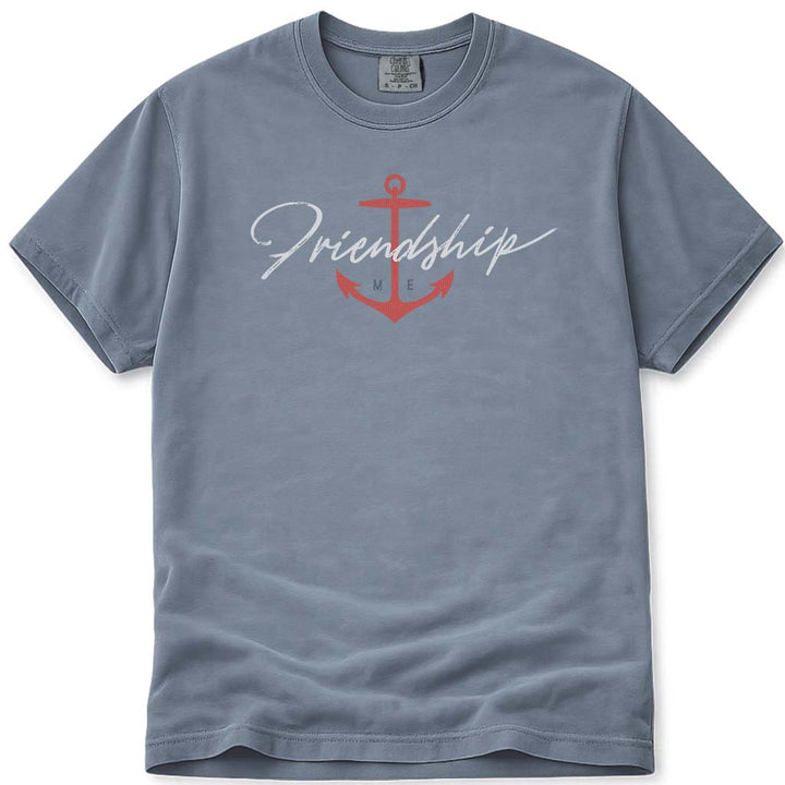 Nautical Friendship Maine Anchor Brush Script T Shirt - Blue Jean