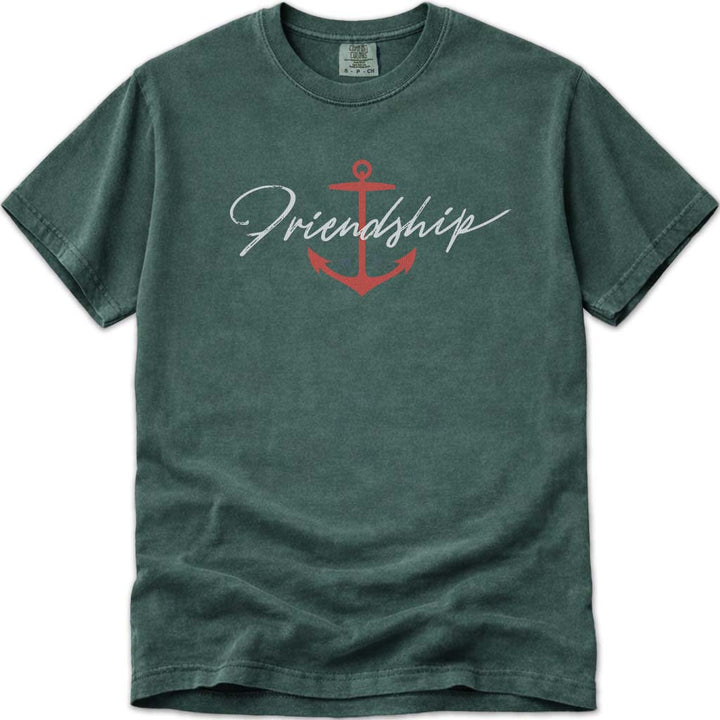 Nautical Friendship Maine Anchor Brush Script T Shirt - Blue Spruce