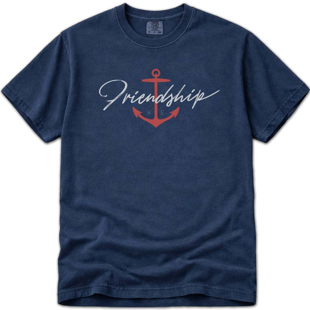 Nautical Friendship Maine Anchor Brush Script T Shirt - Navy