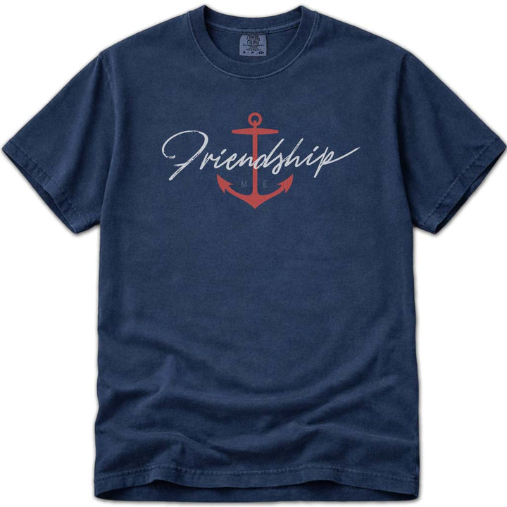 Nautical Friendship Maine Anchor Brush Script T Shirt - Navy
