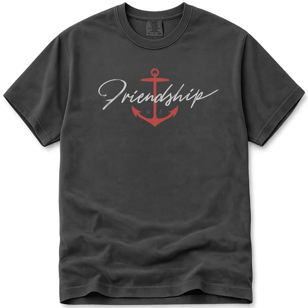 Nautical Friendship Maine Anchor Brush Script T Shirt - Pepper