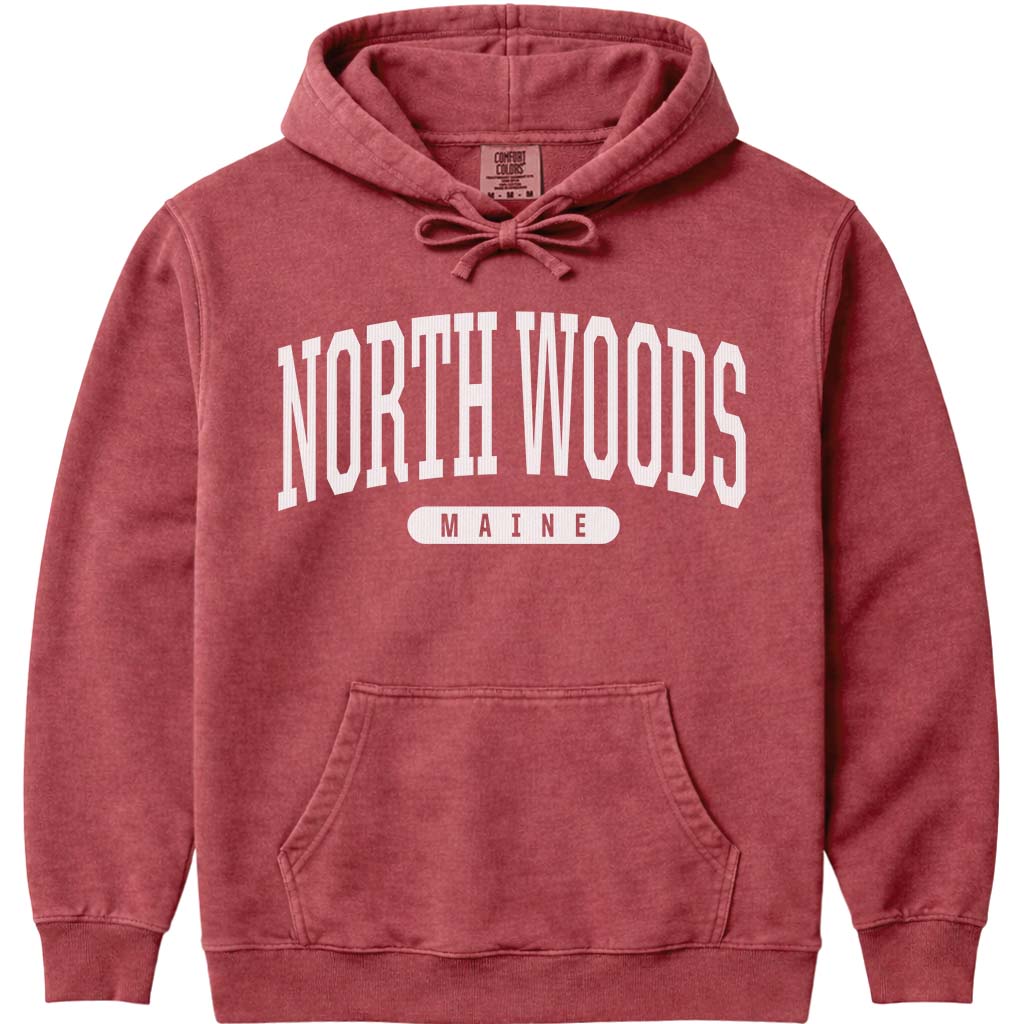 Maine North Woods Arched Letter Hoodie - Crimson
