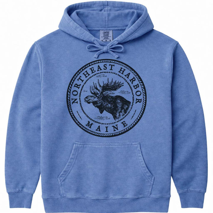Northeast Harbor Moose Sweatshirt | Vintage Maine Moose Art Hoodie - Flo Blue