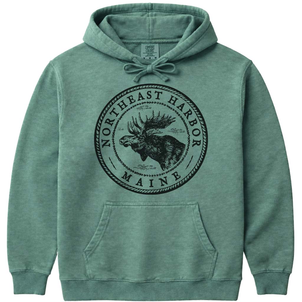 Northeast Harbor Moose Sweatshirt | Vintage Maine Moose Art Hoodie - Light Green