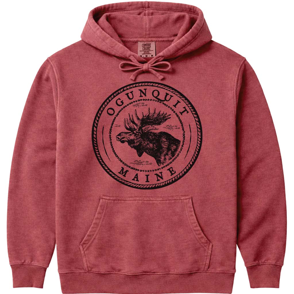 Ogunquit Moose Sweatshirt | Vintage Maine Moose Art Hoodie - Crimson
