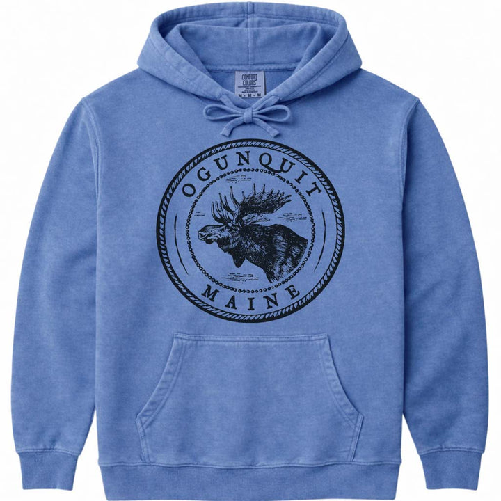 Ogunquit Moose Sweatshirt | Vintage Maine Moose Art Hoodie - Flo Blue