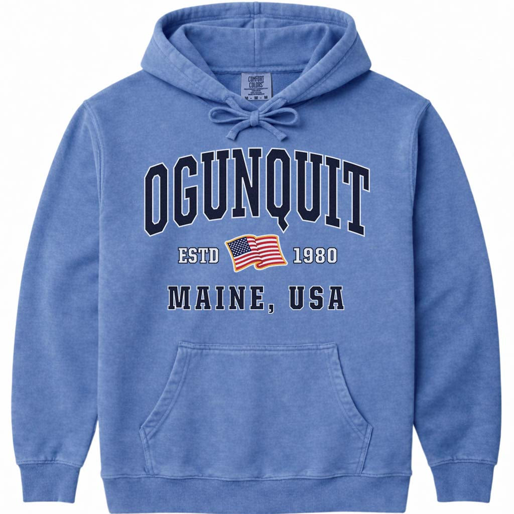 Ogunquit Maine USA Flag Hooded Sweatshirt - Flo Blue