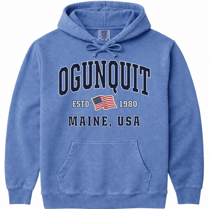 Ogunquit Maine USA Flag Hooded Sweatshirt - Flo Blue