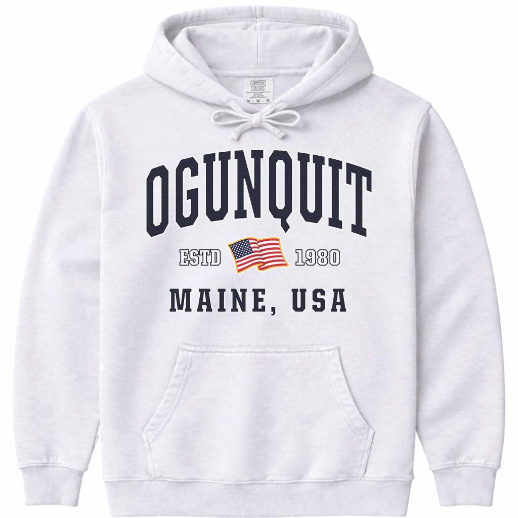 Ogunquit Maine USA Flag Hooded Sweatshirt - White