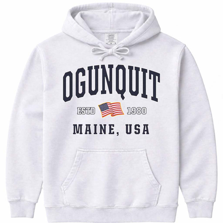 Ogunquit Maine USA Flag Hooded Sweatshirt - White