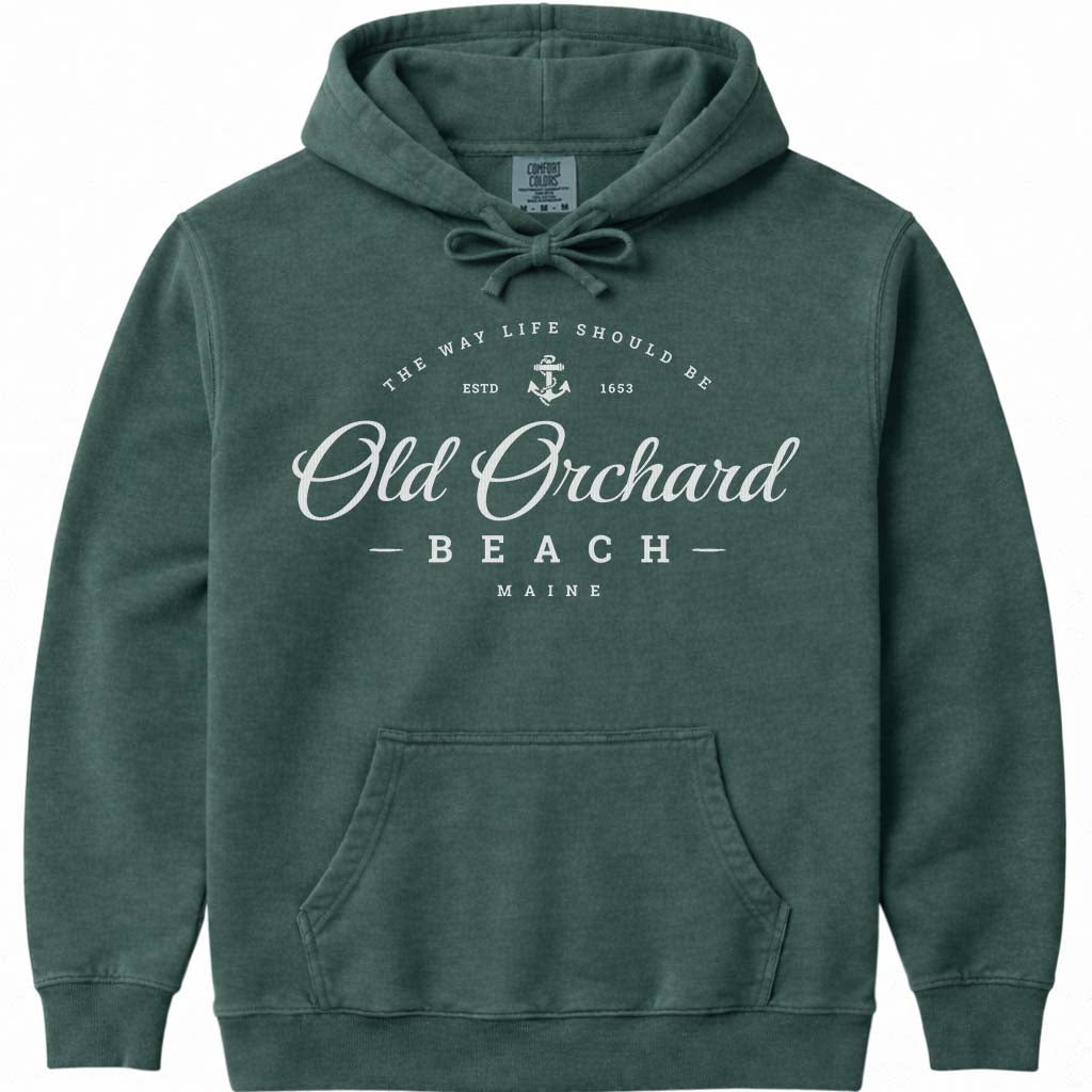 Old Orchard Beach Sweatshirt Maine Script Logo with Anchor Icon - Blue Spruce