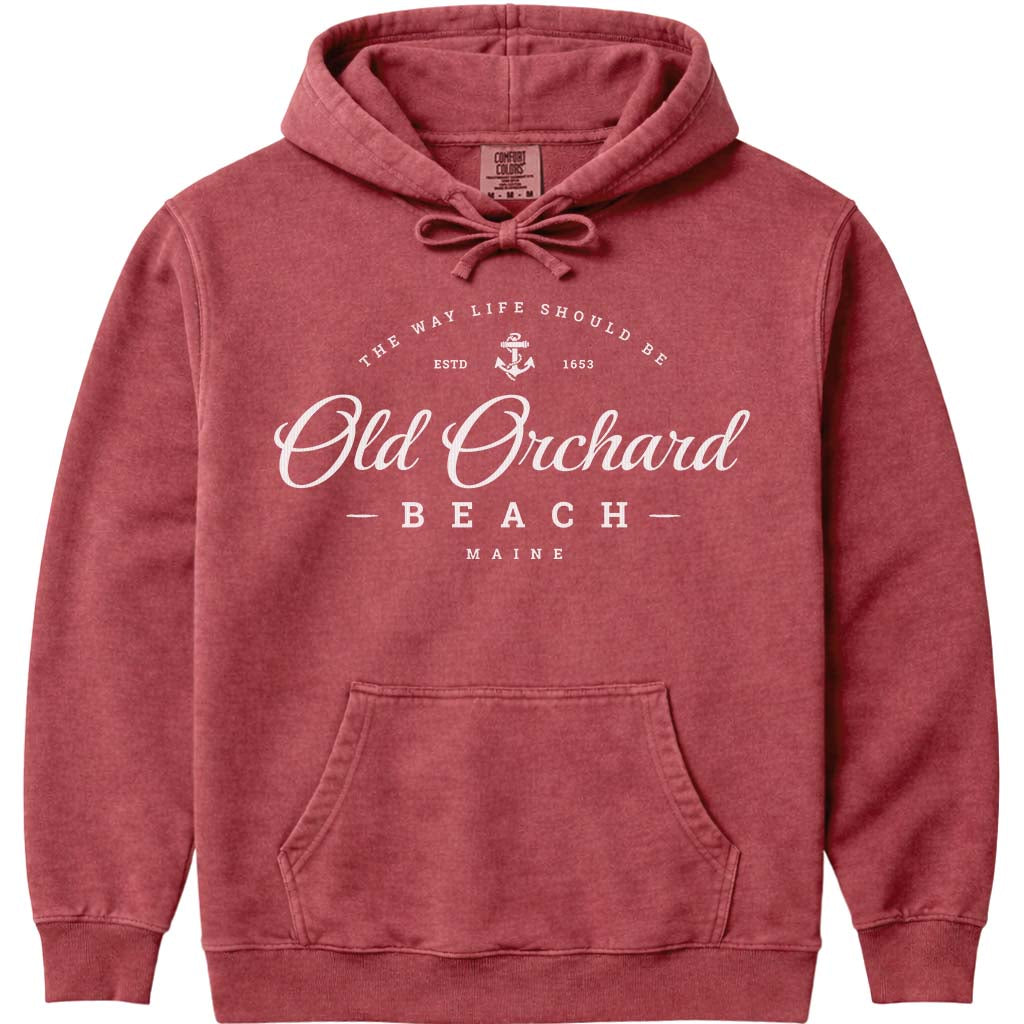Old Orchard Beach Sweatshirt Maine Script Logo with Anchor Icon - Crimson