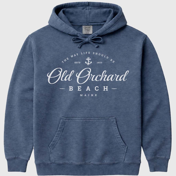 Old Orchard Beach Sweatshirt Maine Script Logo with Anchor Icon - Denim