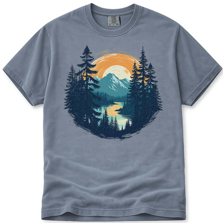 Outdoor Mountain Sunset Nature Scene Hiking & Camping T-Shirt - Blue Jean