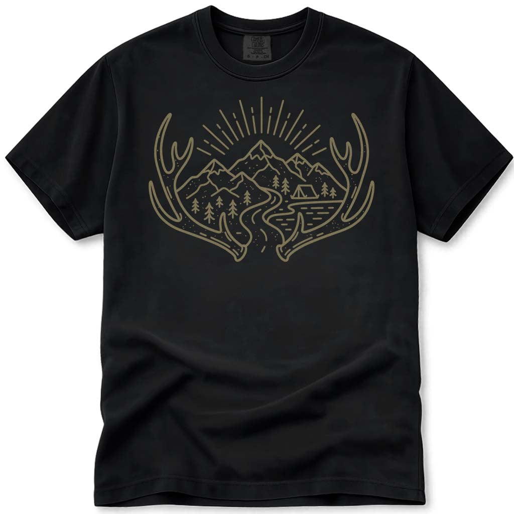 Outdoors Campinh Hiking Antlers Hunting T Shirt - Black