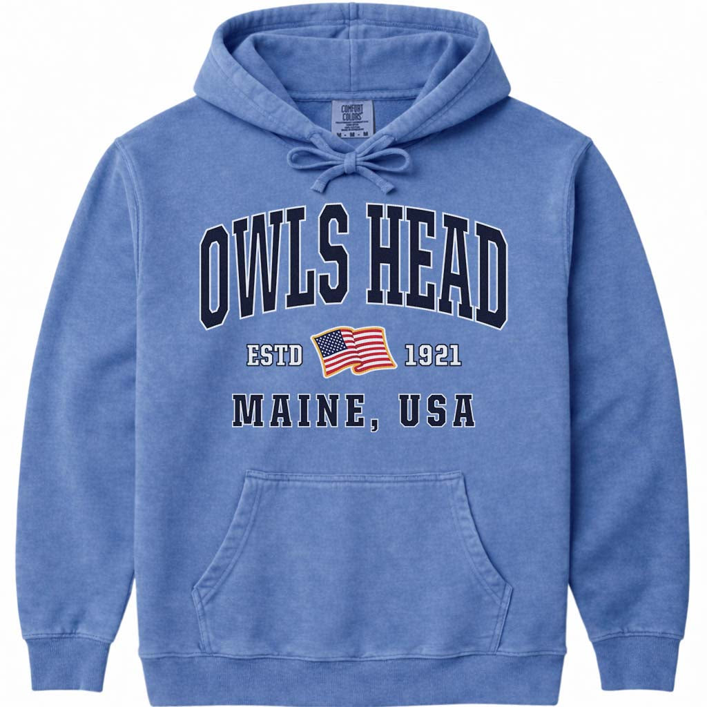 Owls Head Maine USA Flag Hoodie Sweatshirt - Flo Blue