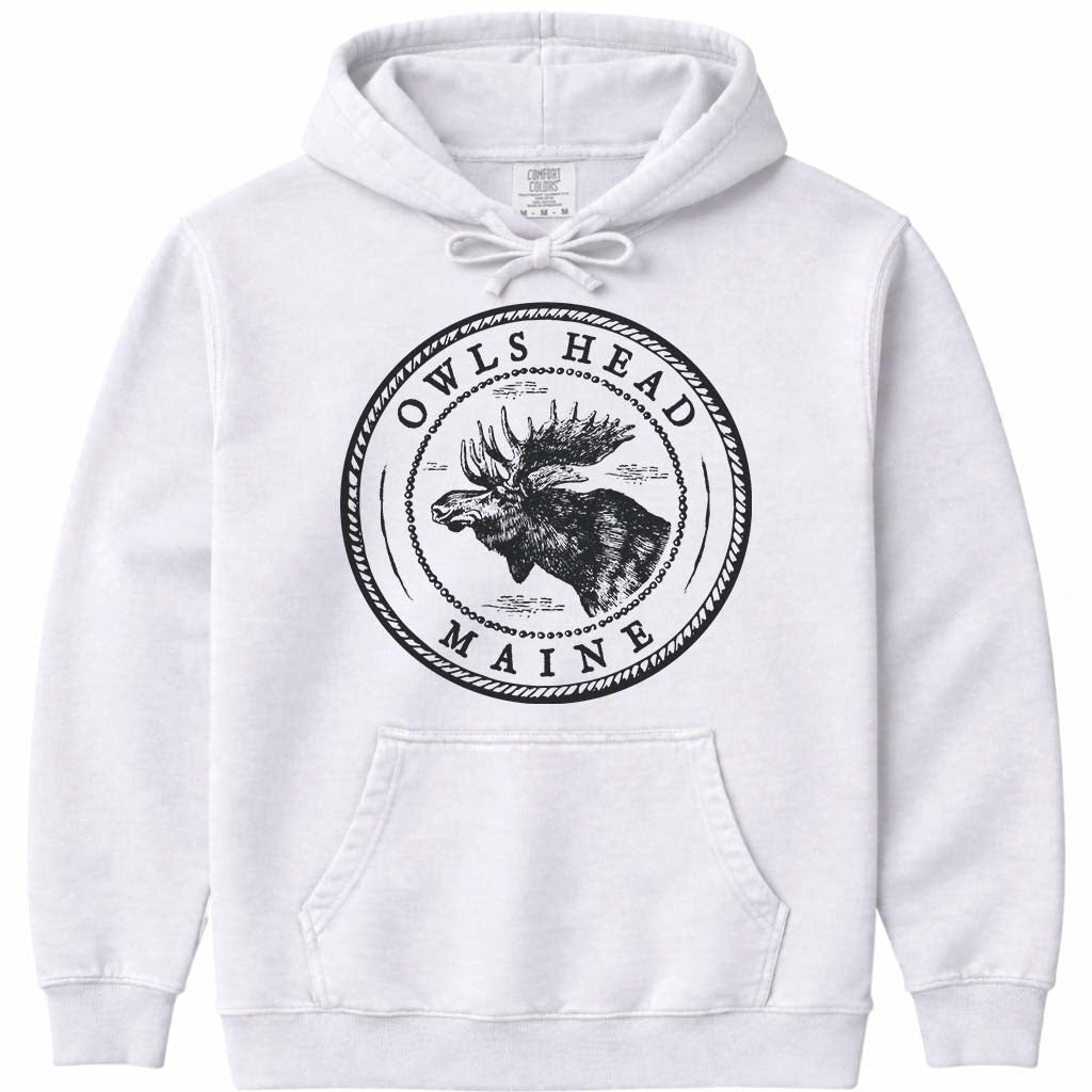 Owls Head Moose Sweatshirt | Vintage Maine Moose Art Hoodie - White