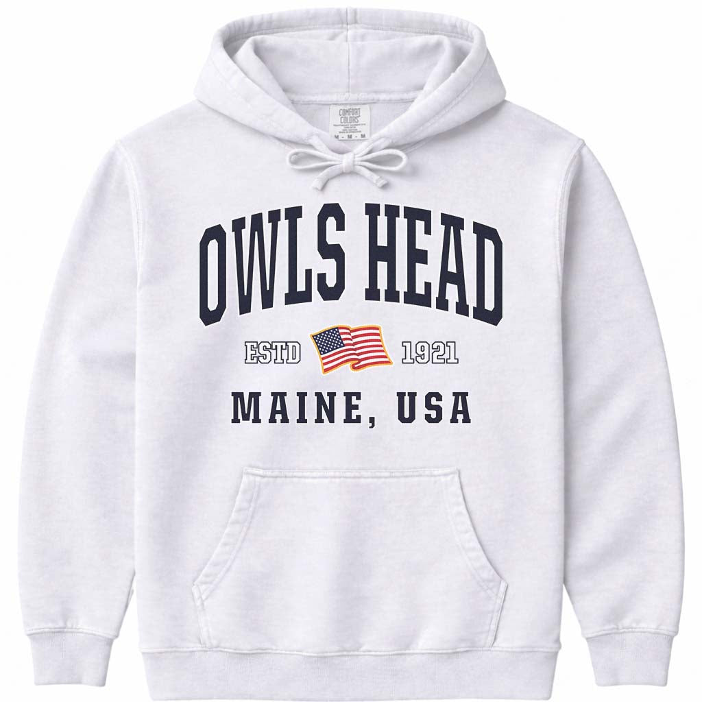 Owls Head Maine USA Flag Hoodie Sweatshirt - White
