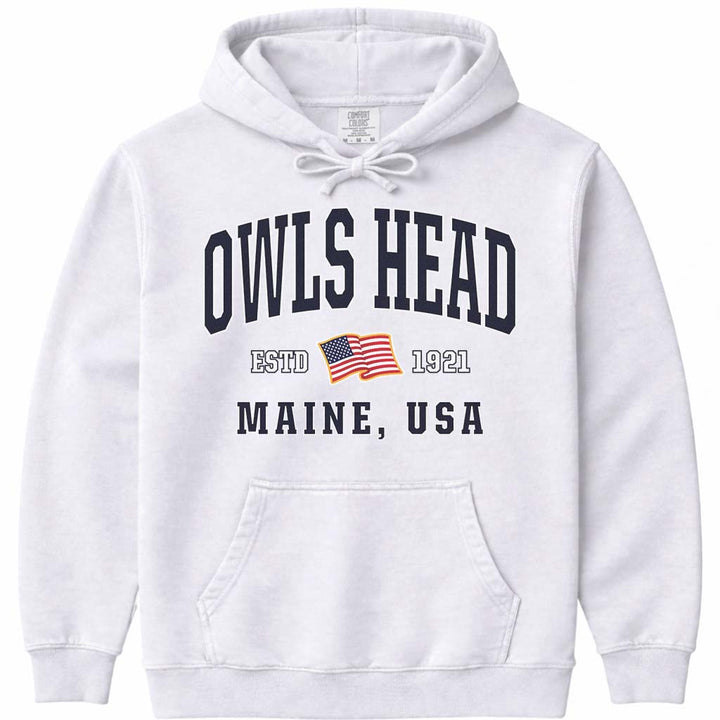 Owls Head Maine USA Flag Hoodie Sweatshirt - White