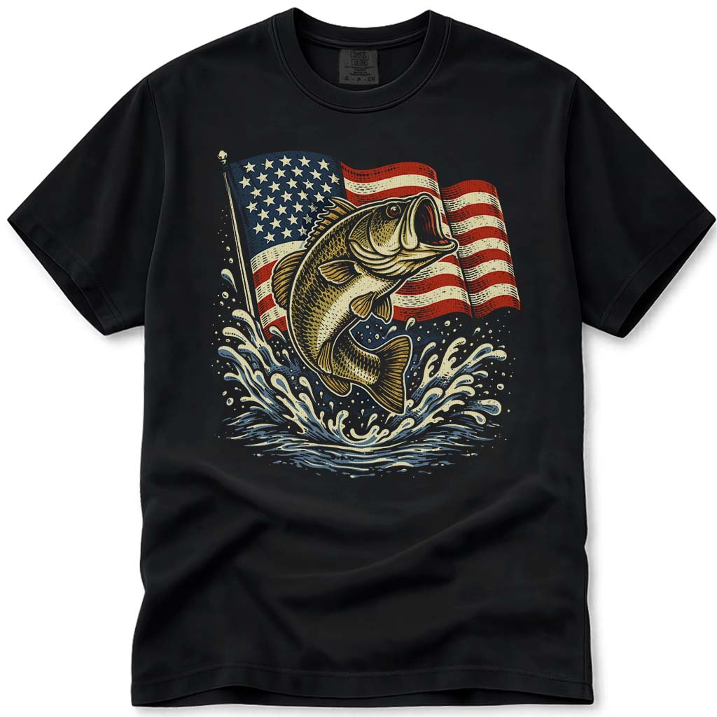 Patriotic USA Flag Bass Fishing Tee - Black