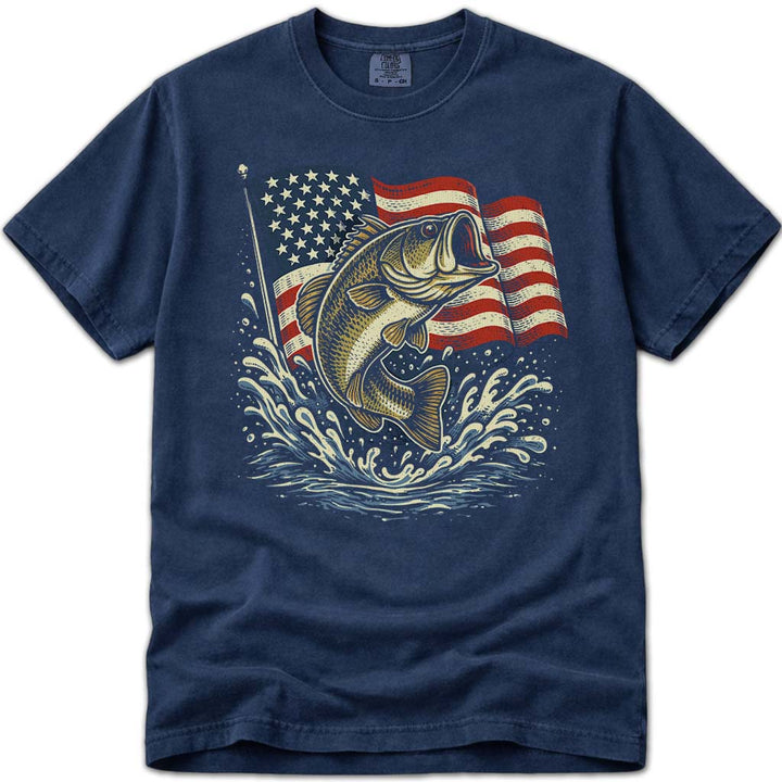 Patriotic USA Flag Bass Fishing Tee - Navy
